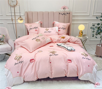 4/6pc Pastel Blue Pink Bedding Gift For Girls Lovely Cartoon Puppy Embroidered Duvet Cover French Cushion Cover Bow Shams Cotton